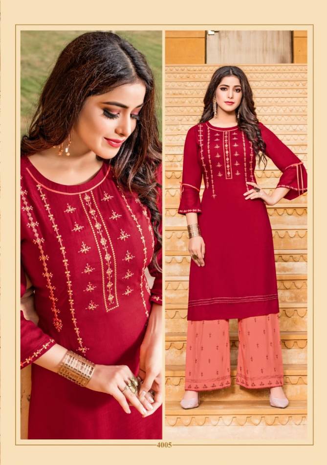 Chemistry Rayon Designer Embroidered Party Wear Plazzo Kurti Collection 4001-4007